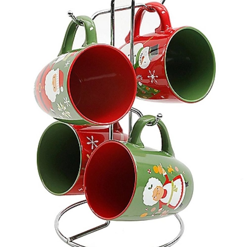 Santa Smile Stoneware Mugs with Metal Rack (set of 4)
